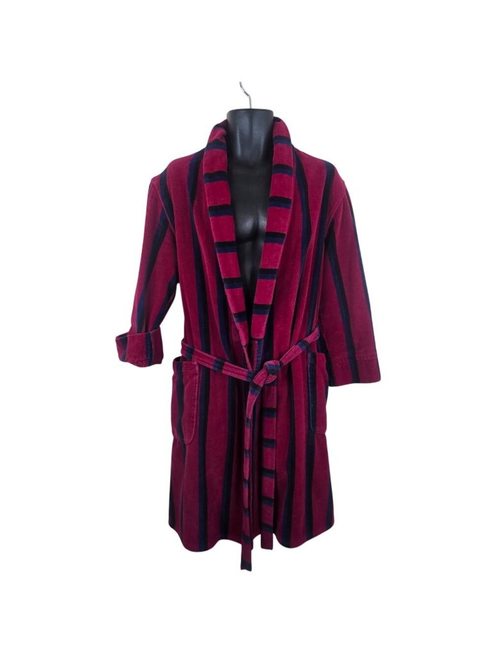 Vintage 80s Mens OS Burgundy Navy Striped Velour Terry Robe Belted Pockets